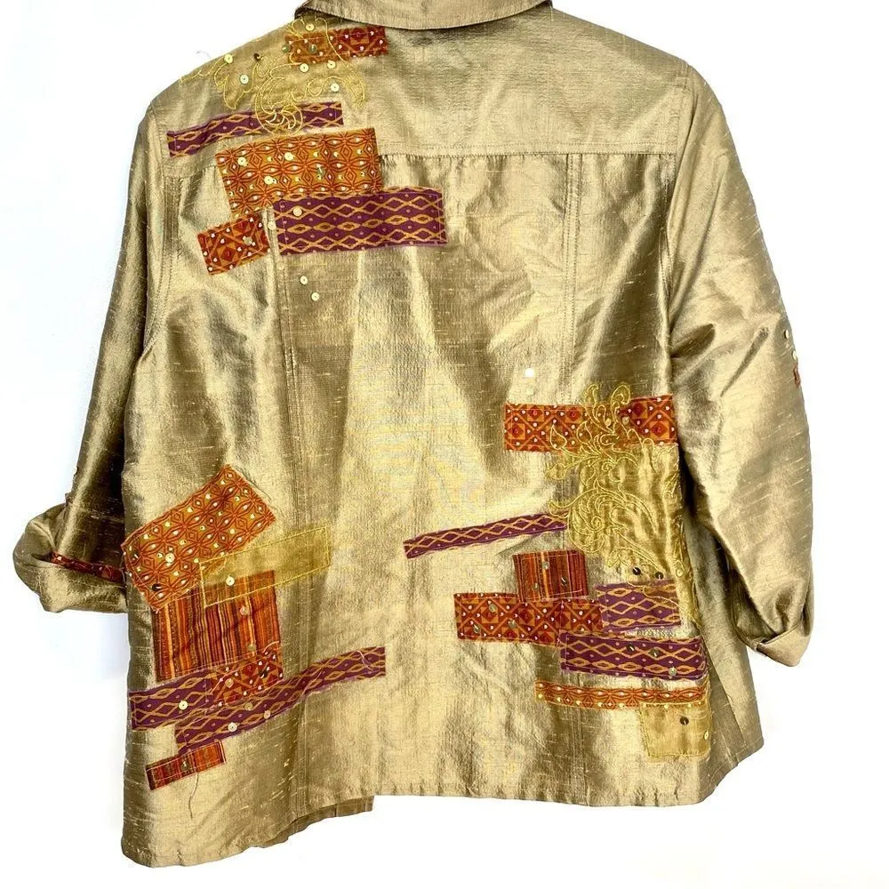 iOS Gold Sequin Silk Sequin Seashell Button Shirt Size Medium - Image 4
