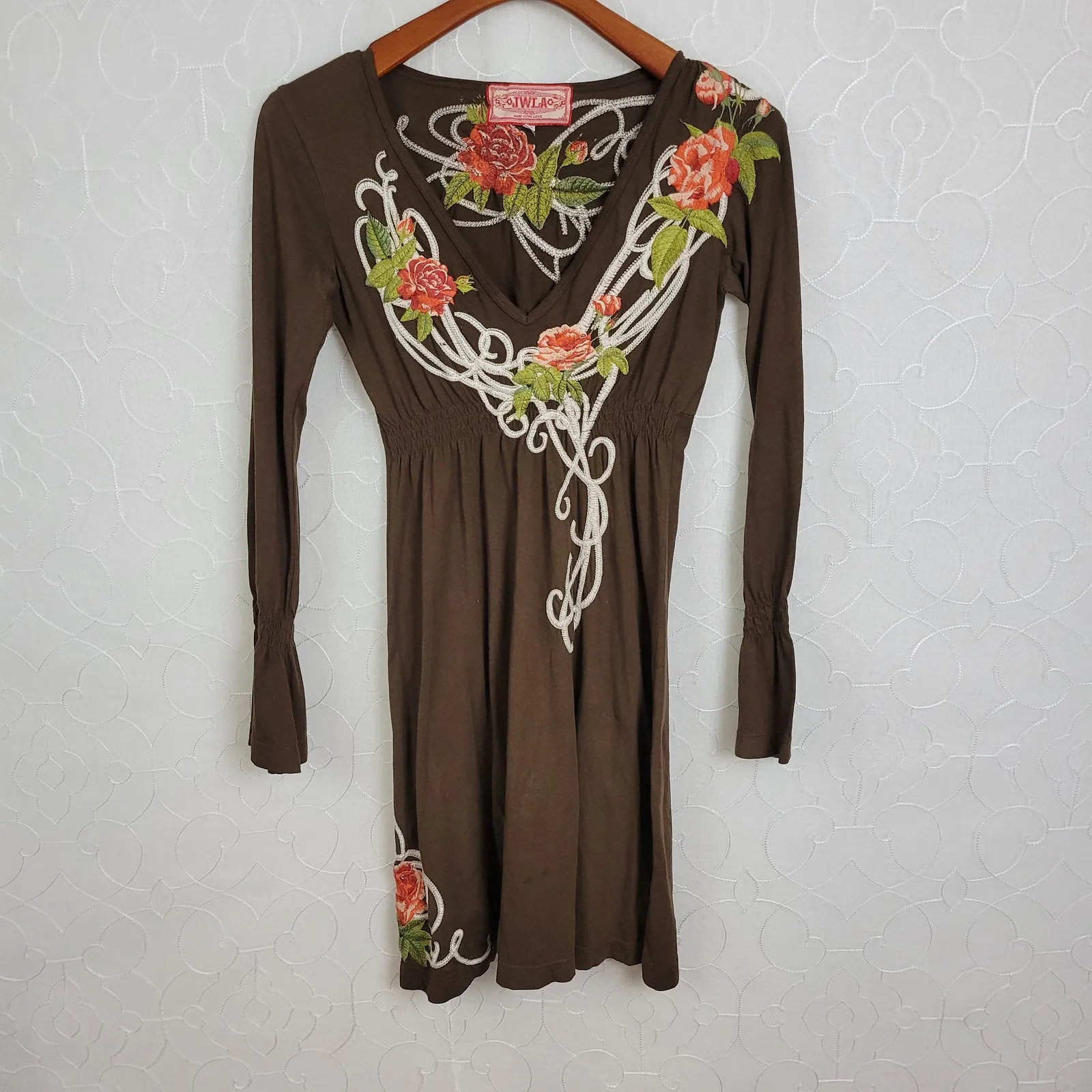 Johnny Was LA Dress Womens XS Brown Floral Embroidered Applique Babydoll V-Neck - Image 3