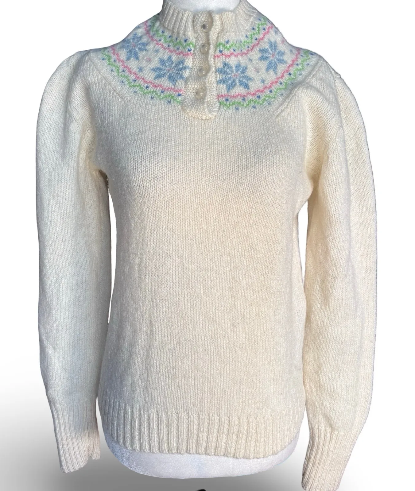 Vintage The Eagle’s Eye Fair Isle Shetland Wool Henley Sweater Pastel Pink Cozy White Size M - Image 1