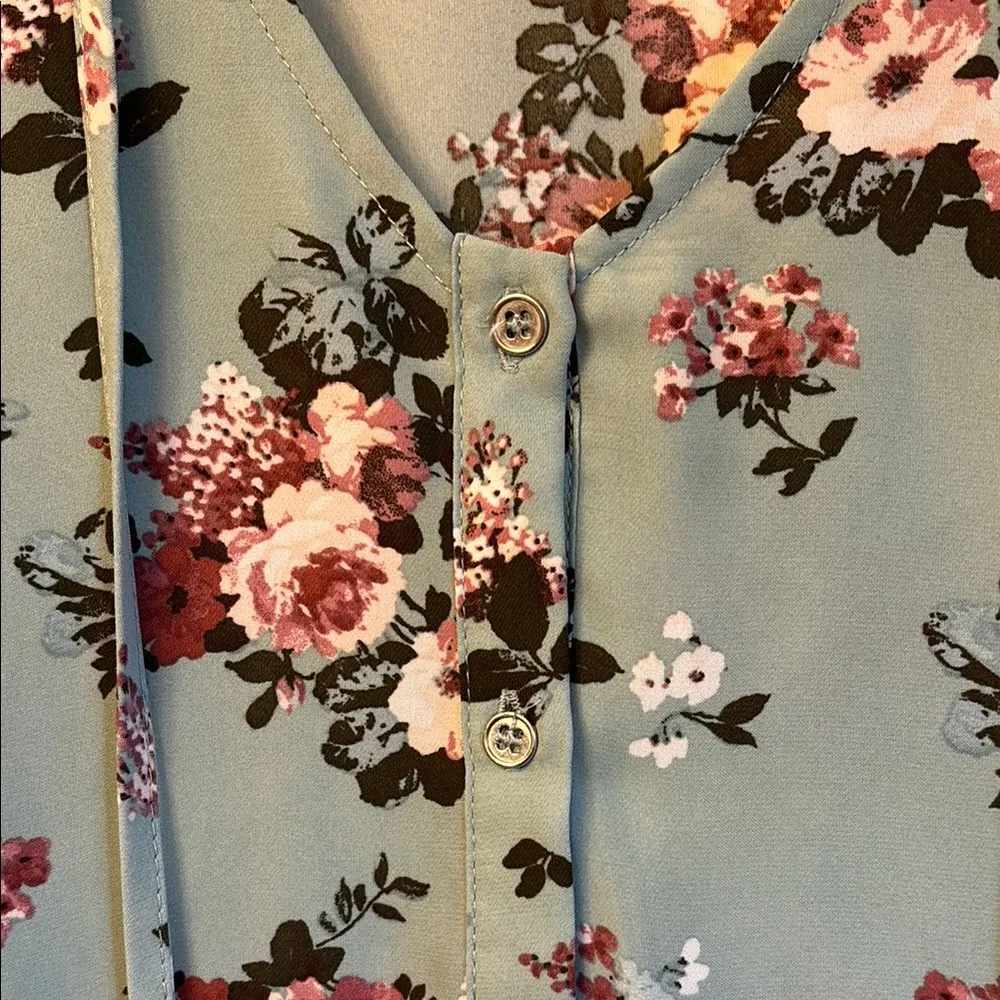 LARGE Multicolored Floral V-Neck Long Sleeve Peasant Blouse Aqua - Image 5