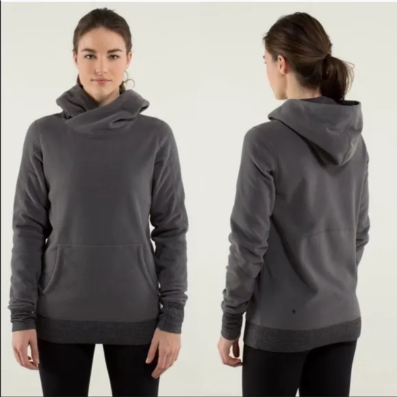 Lululemon Runaway Fleece Hoodie Athletic Pullover Soot Light Gray Herringbone - Image 2