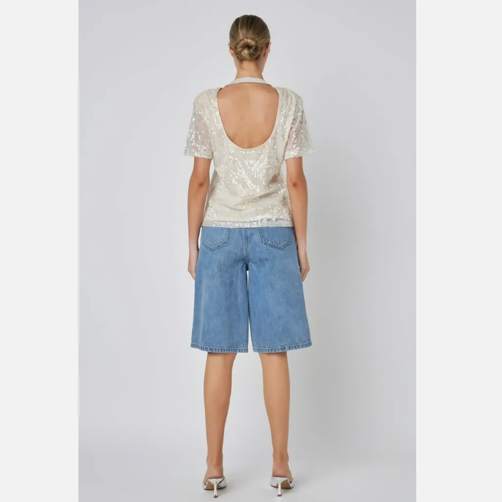 Grey Lab Women's Ivory White Padded Shoulder Open Back Sequin Top Size S - Image 2