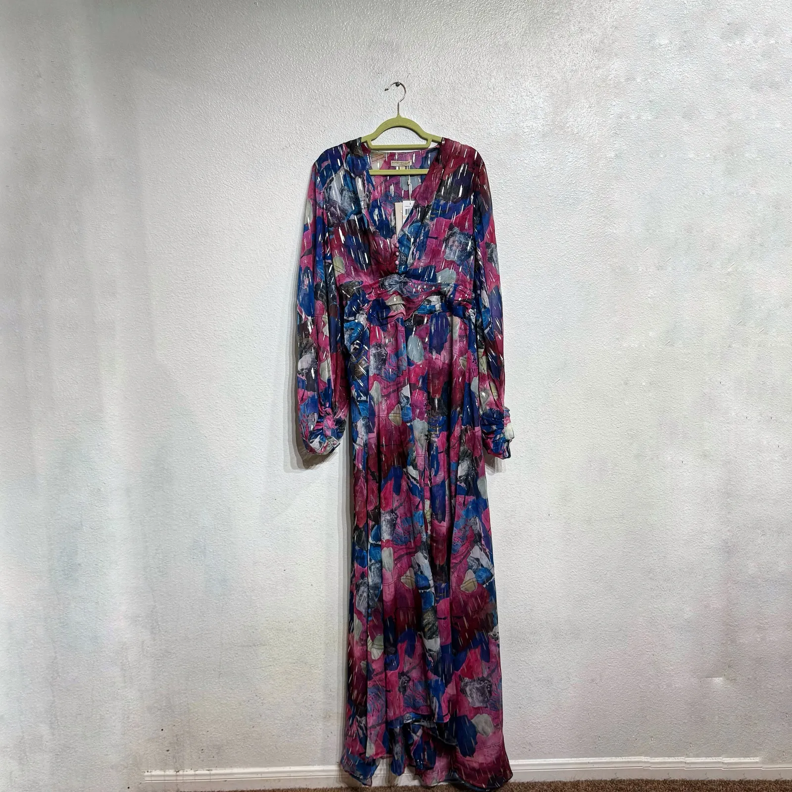 Adrienne Landau Floral Watercolor Draped High Slit Deep V Maxi Gown Sz 12 NWT - Image 3