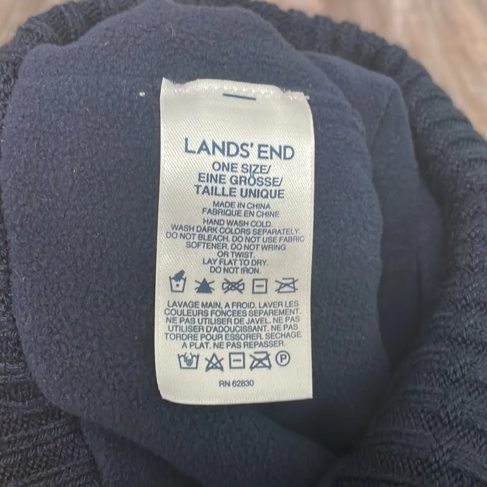 Lands' End Pompom Winter Beanie Hat Navy/White - Image 3
