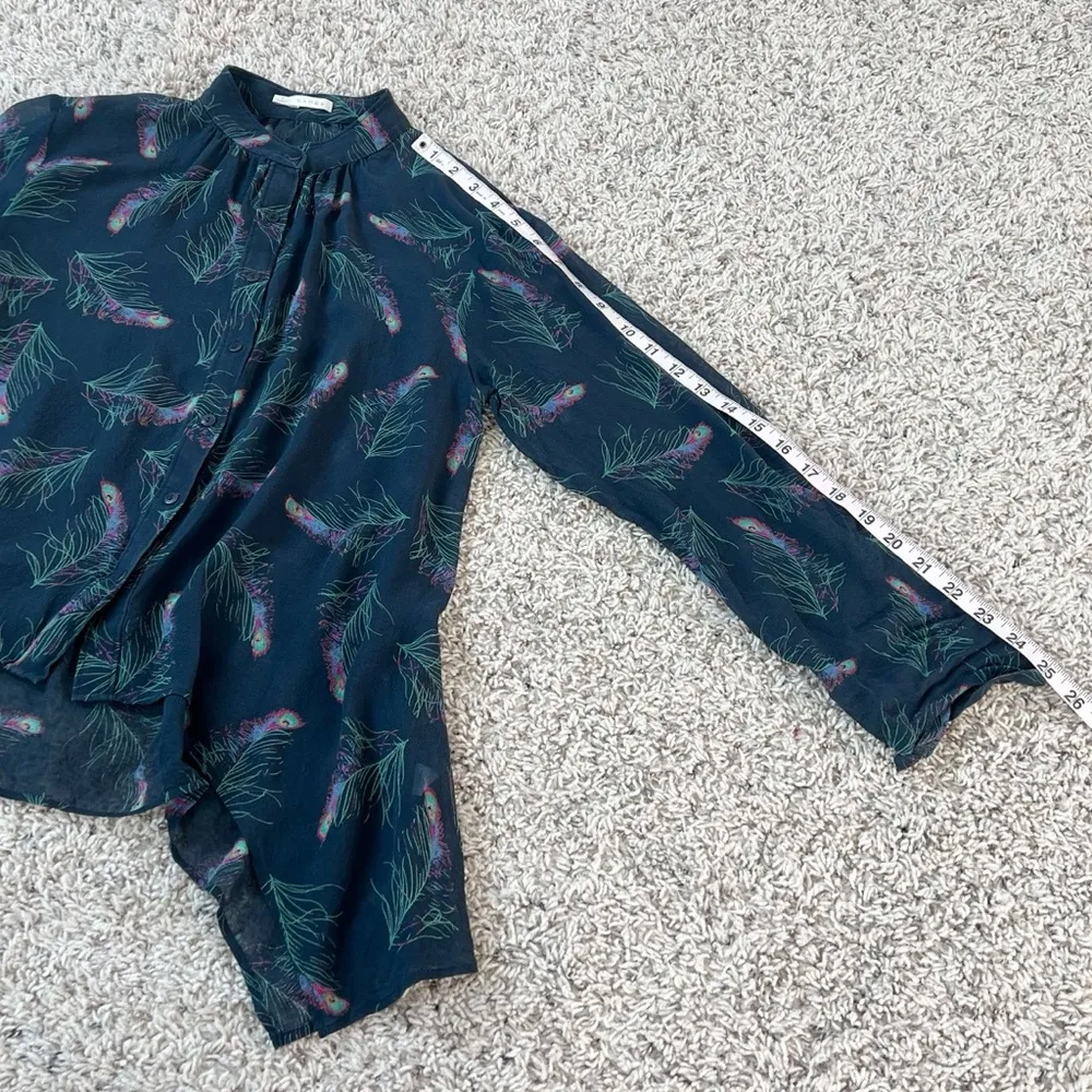 Hinge 100% Silk Peacock Button Blouse Handkerchief Hem Small Sheer Blue Green - Image 4