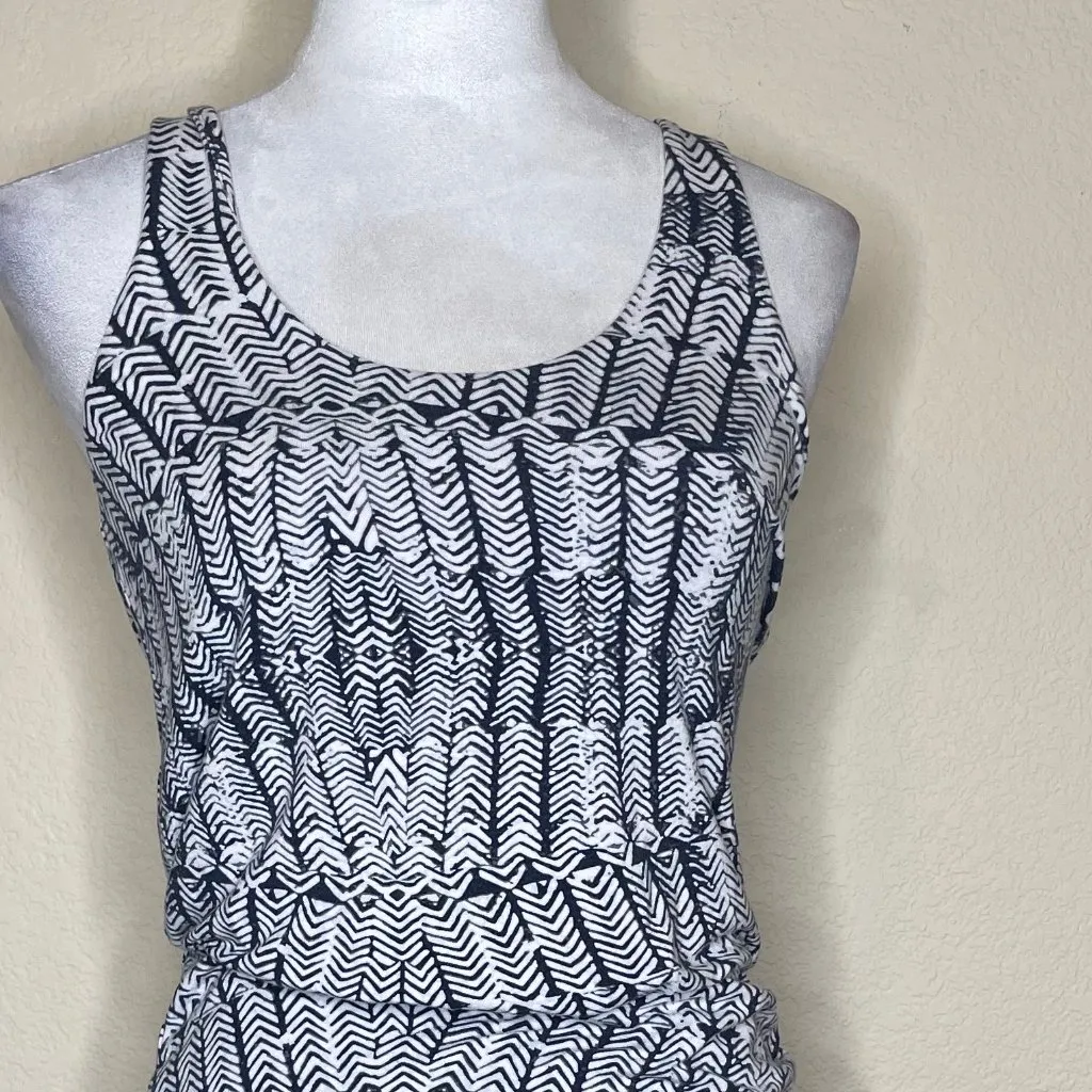 Black and White Botanical Print Sleeveless Ruched Body Slim Dress XS - Image 2