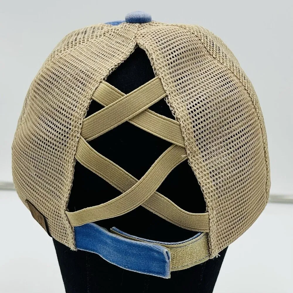 CC Exclusives Adjustable Trucker Baseball Hat Blue Tan Ponytail Criss Cross Back - Image 3