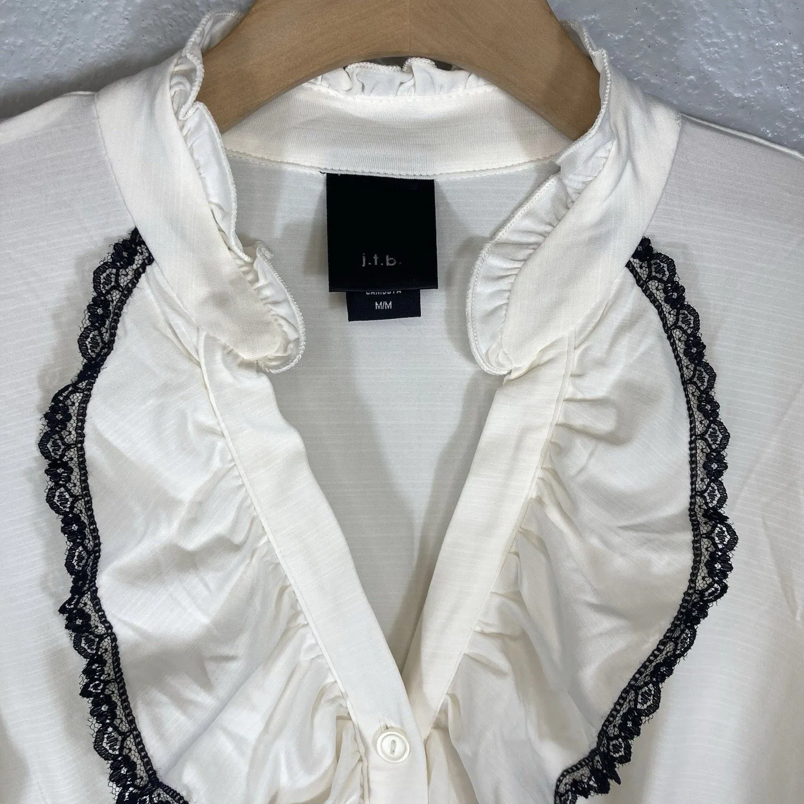 Cream Ivory Blouse M Ruffle Collar Black Lace Trim Cap Sleeve Coquette Career Size M - Image 4