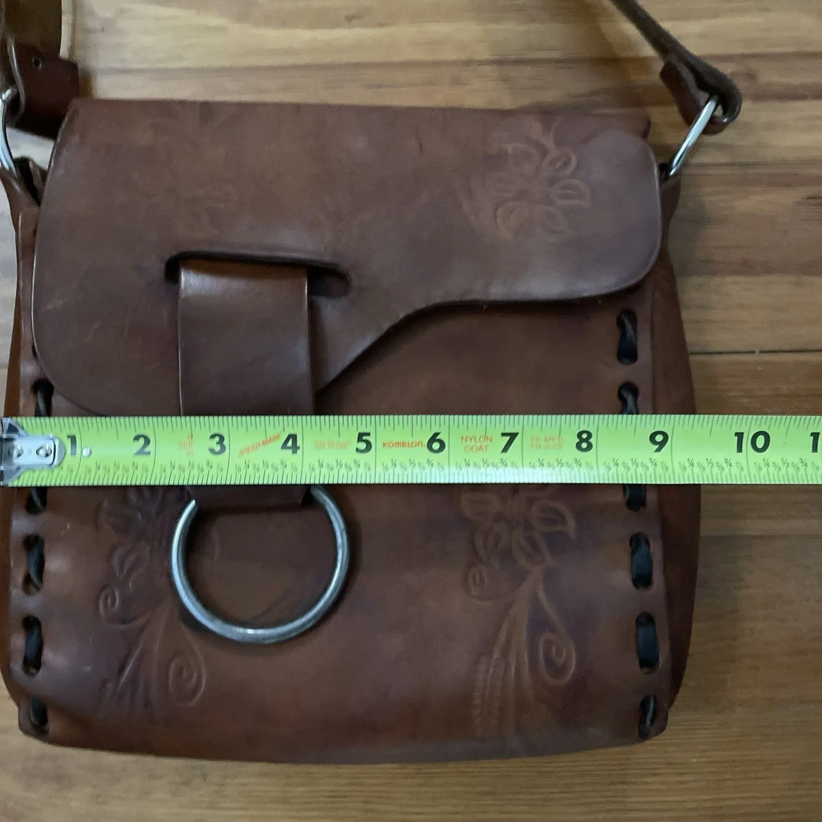 Vintage Leather Floral Tooled Shoulder Bag Saddle Bag 9x9.5 in - Image 4