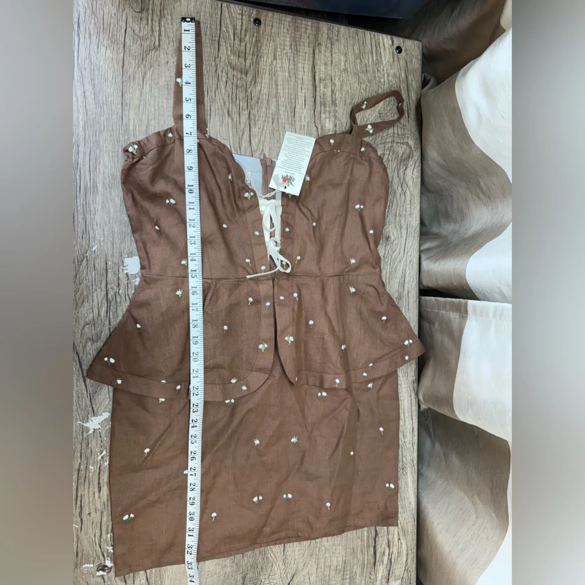 Fanm Mon Helaina Floral Bow Front Sweetheart Neck‎ Sheath Peplum Mini Dress Brown Size M - Image 7