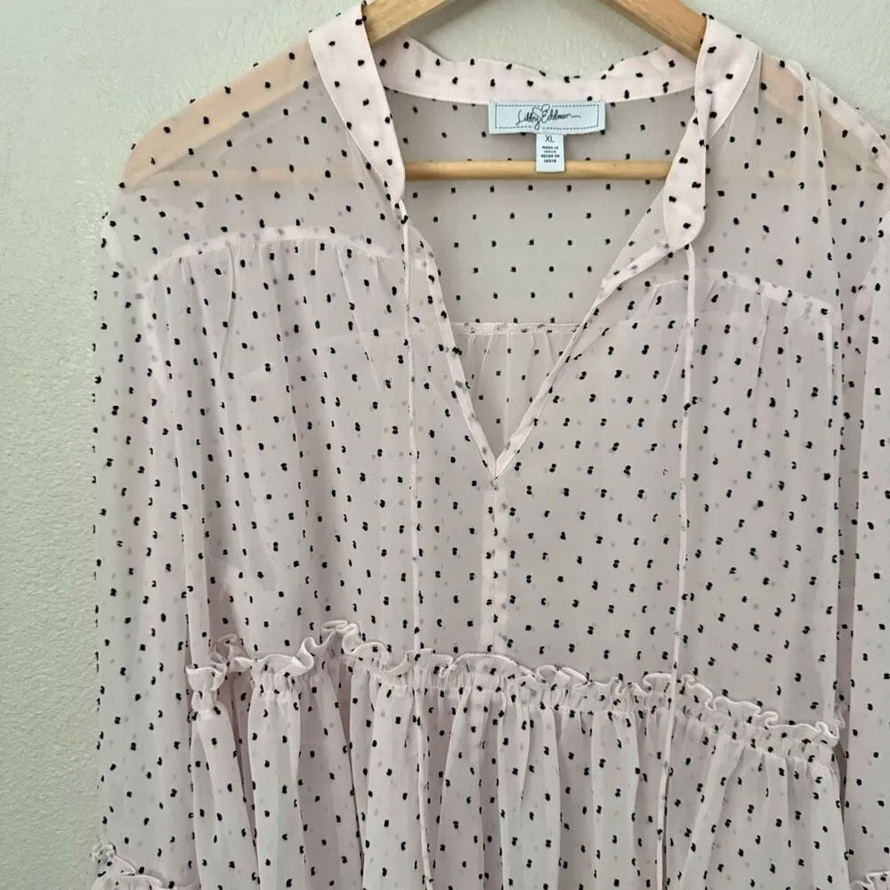 LIBBY EDELMAN | Sheer Ruffle Sleeve Blouse Polka Dot Blush Pink Black | Size XL - Image 3