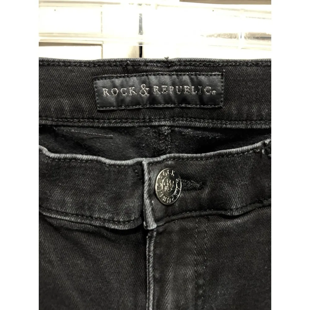 Rock & Republic Kendall Black Crop Denim Jeans Size 12 Mid Rise Pockets Zip Logo - Image 3