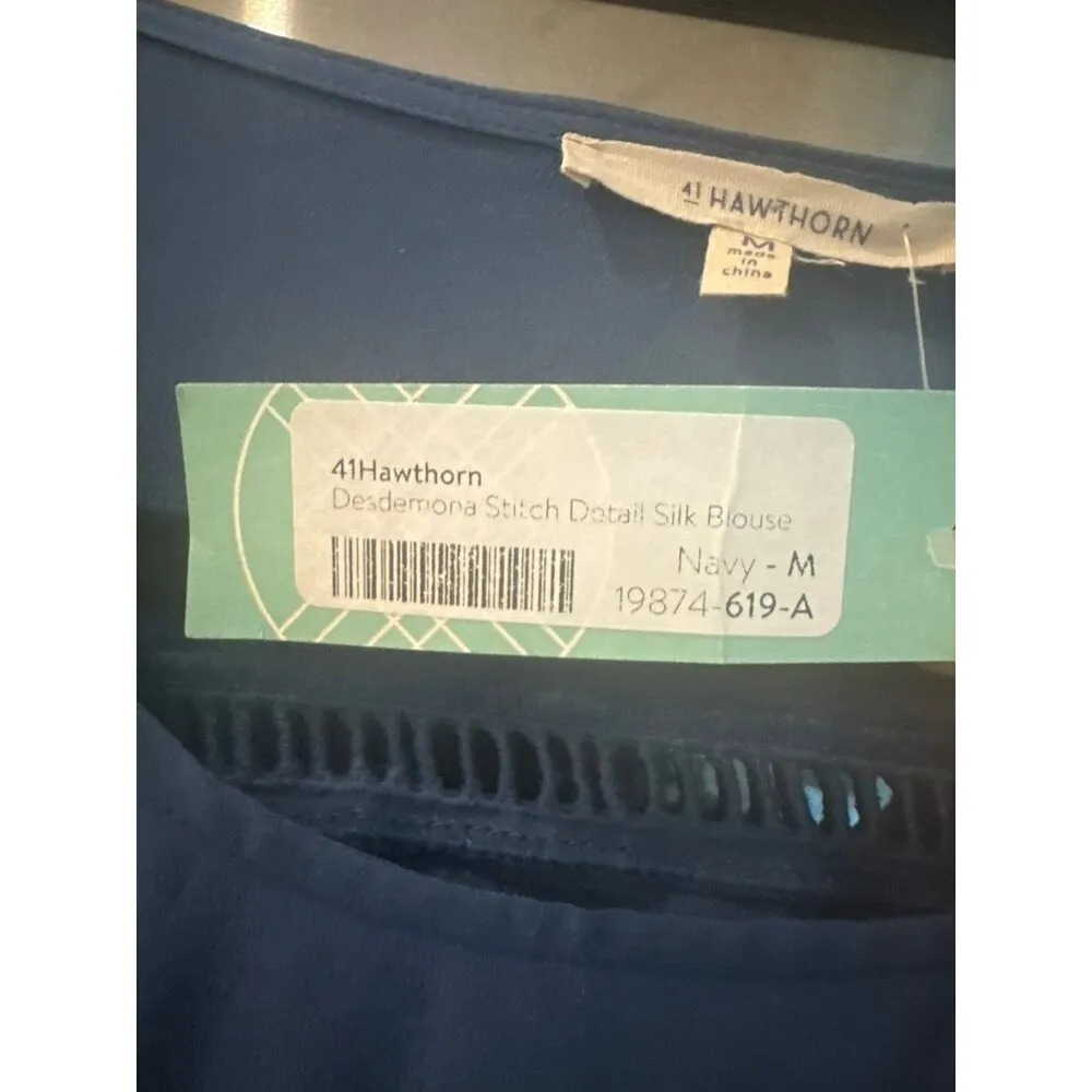 Stitch Fix 41 Hawthorn Desdemona Stitch Detail Silk Blouse Navy Blue Medium NWT - Image 4