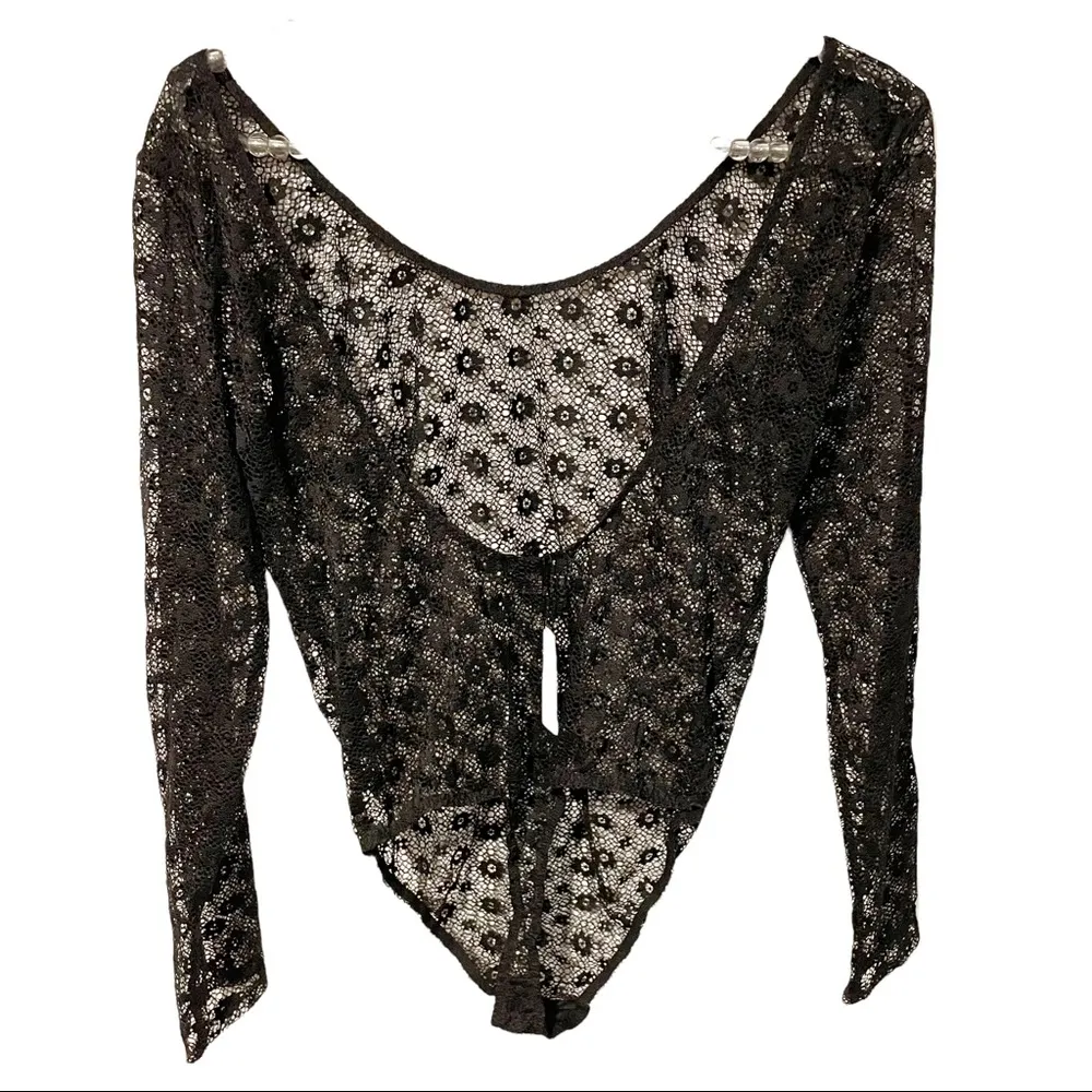 Victorias Secret Large Black Floral Netted Thong Bodysuit Goth Long Sleeve NEW - Image 4
