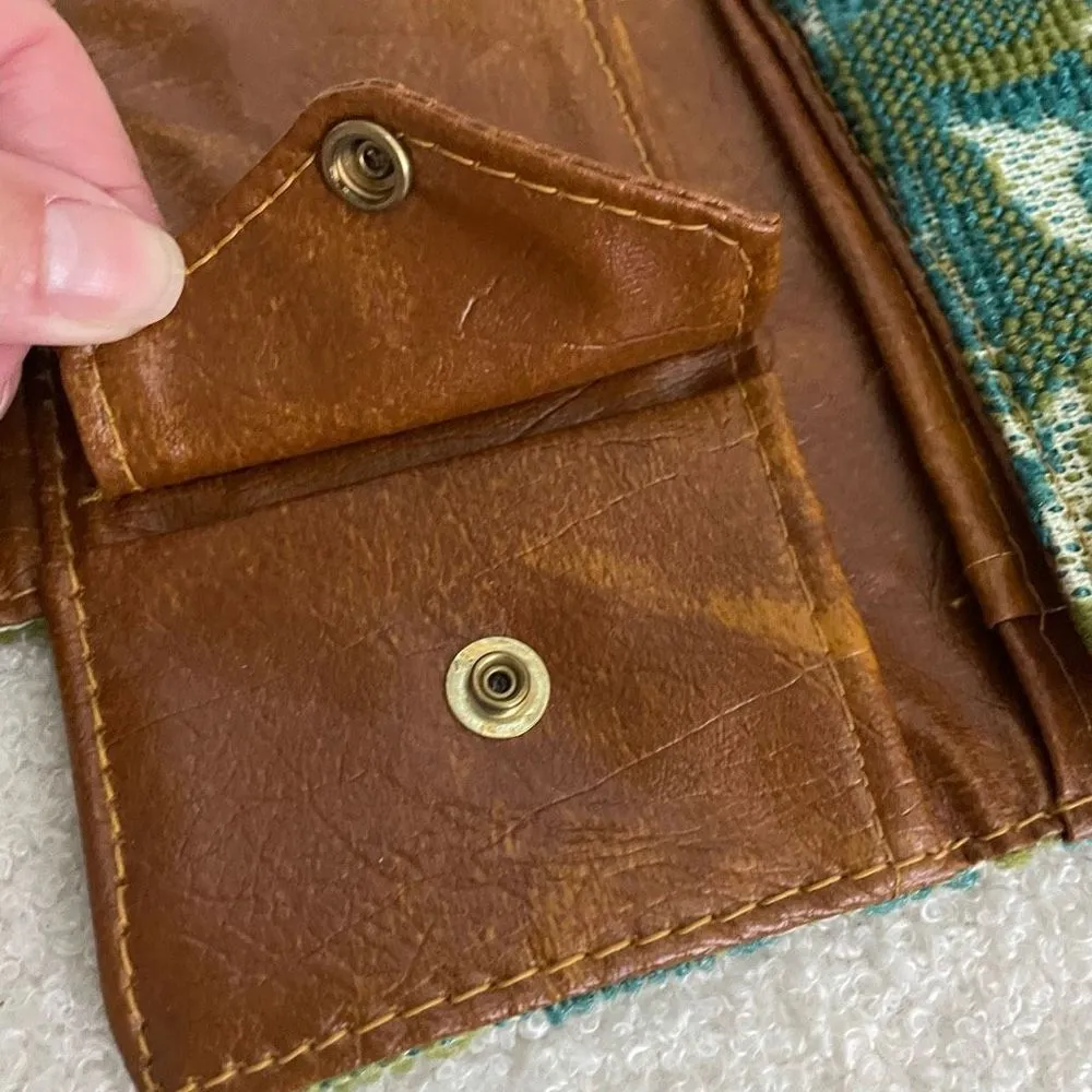Vintage 60s Carpet Jacquard Fabric Textured Trifold Wallet Turquoise Pea Green 8 Blue - Image 10