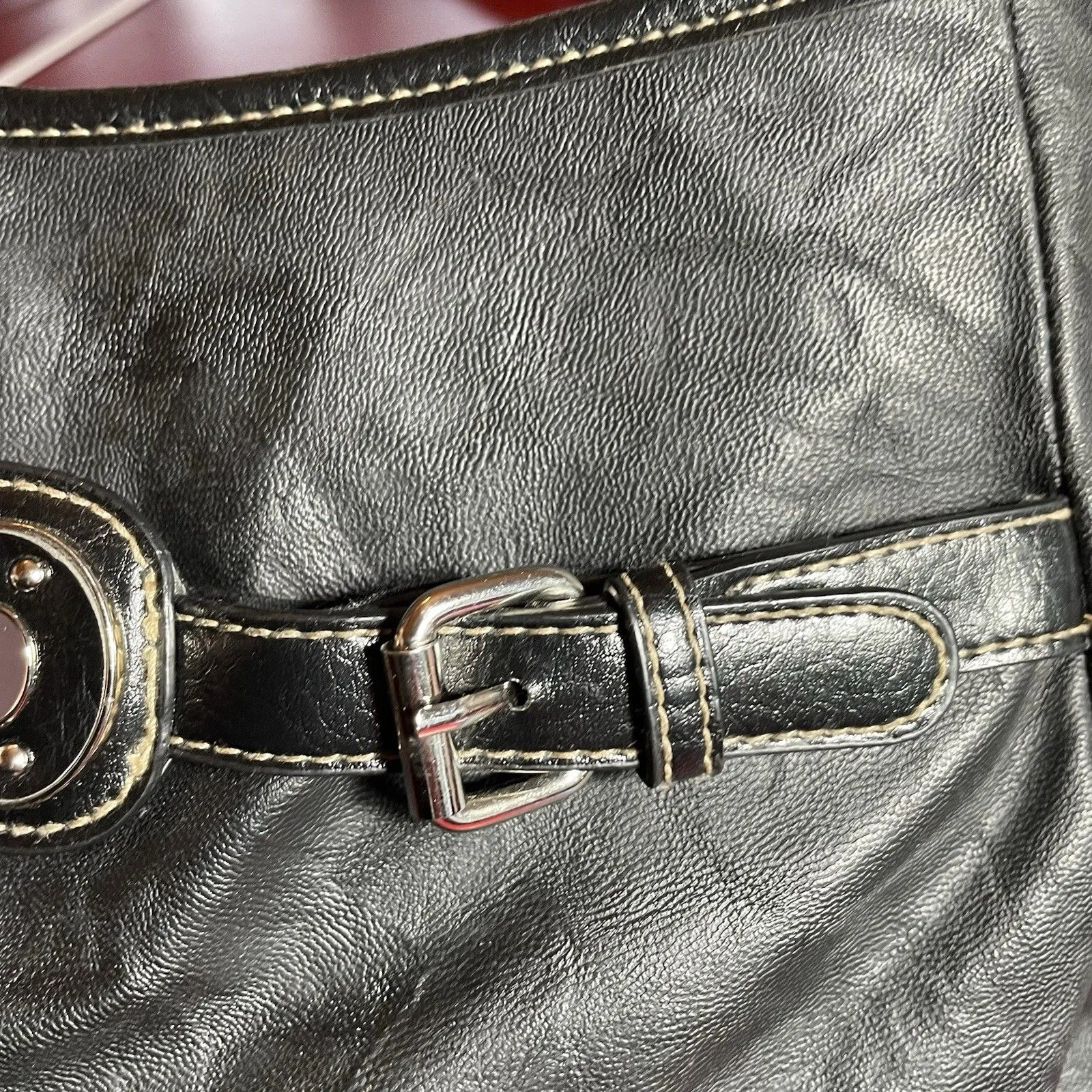 Rosetti Black Faux Leather Shoulder Bag Braided Strap Buckle Hardware Y2K Edgy - Image 8