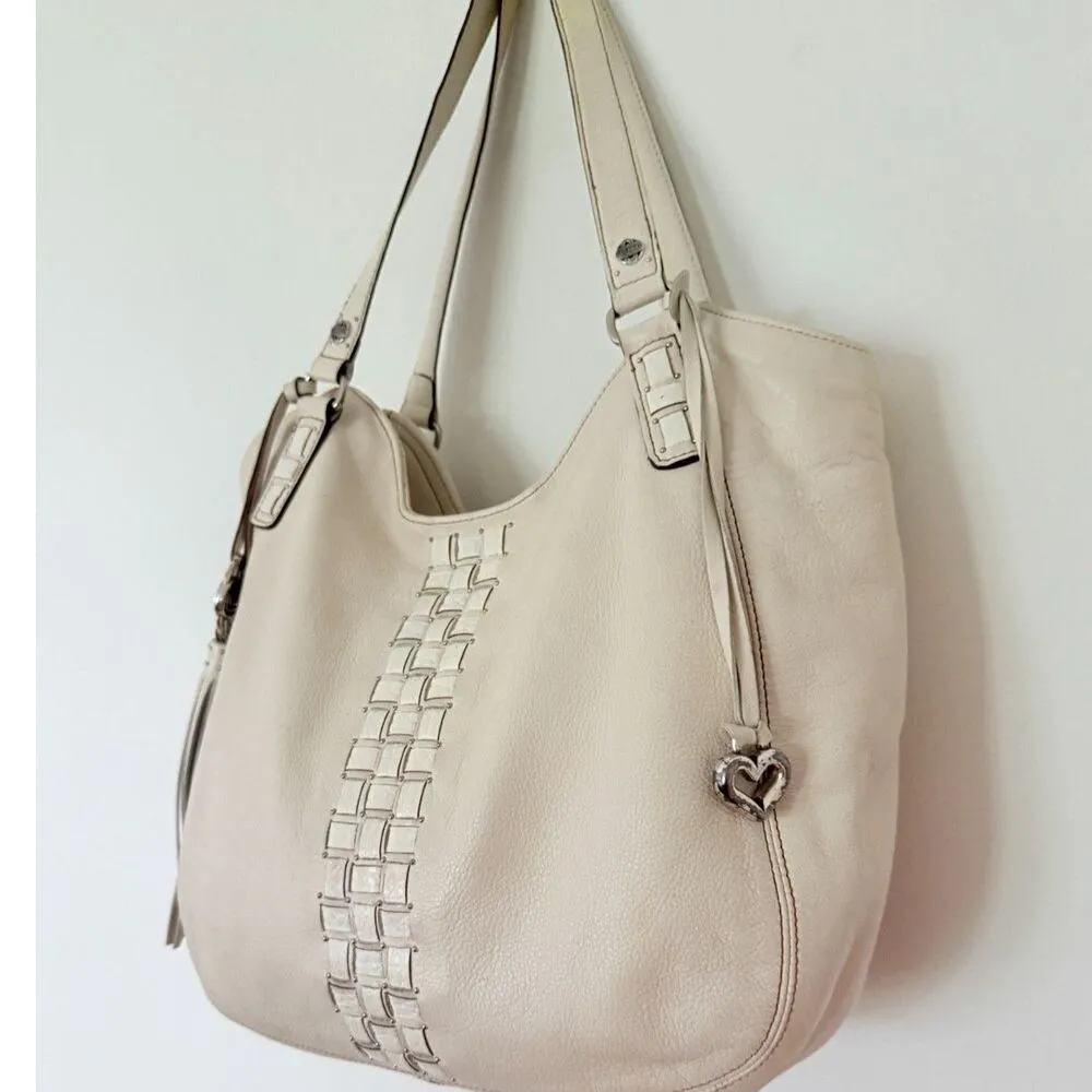 Brighton Off White Leather Woven Center Tassel Shoulder Bag Vintage Look (Flaws) - Image 3