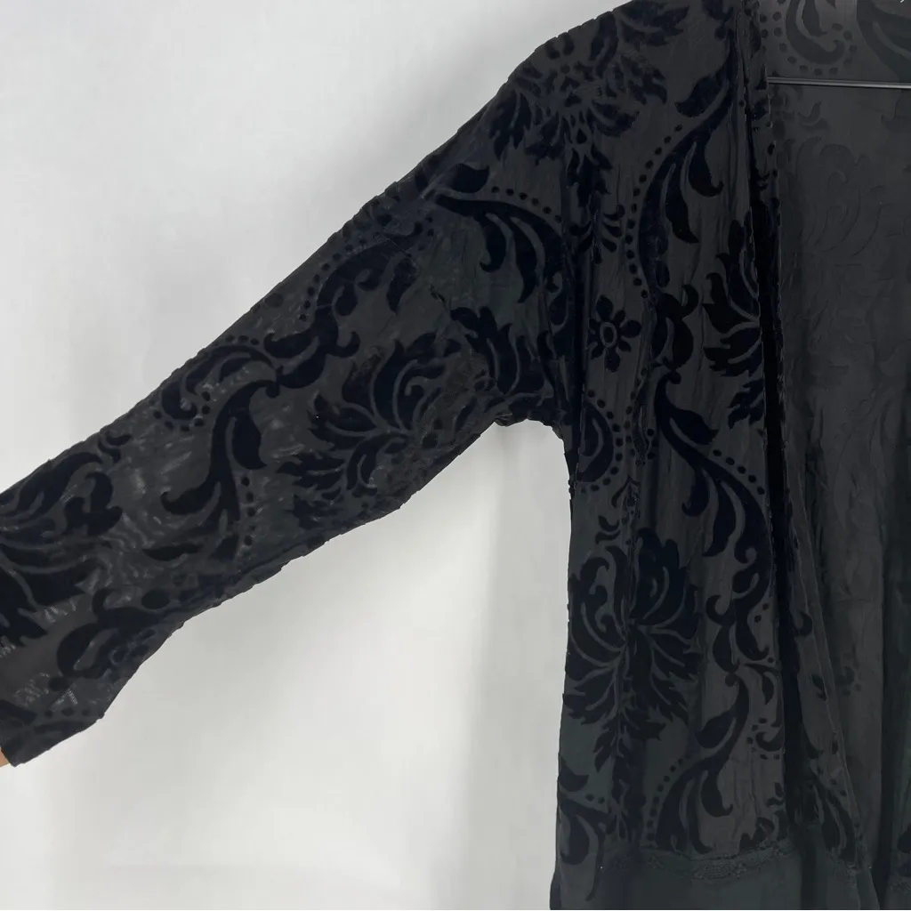 Maurices Black Sheer Floral Burnout Velvet Chiffon Lace Trim Open Front Cardigan - Image 4