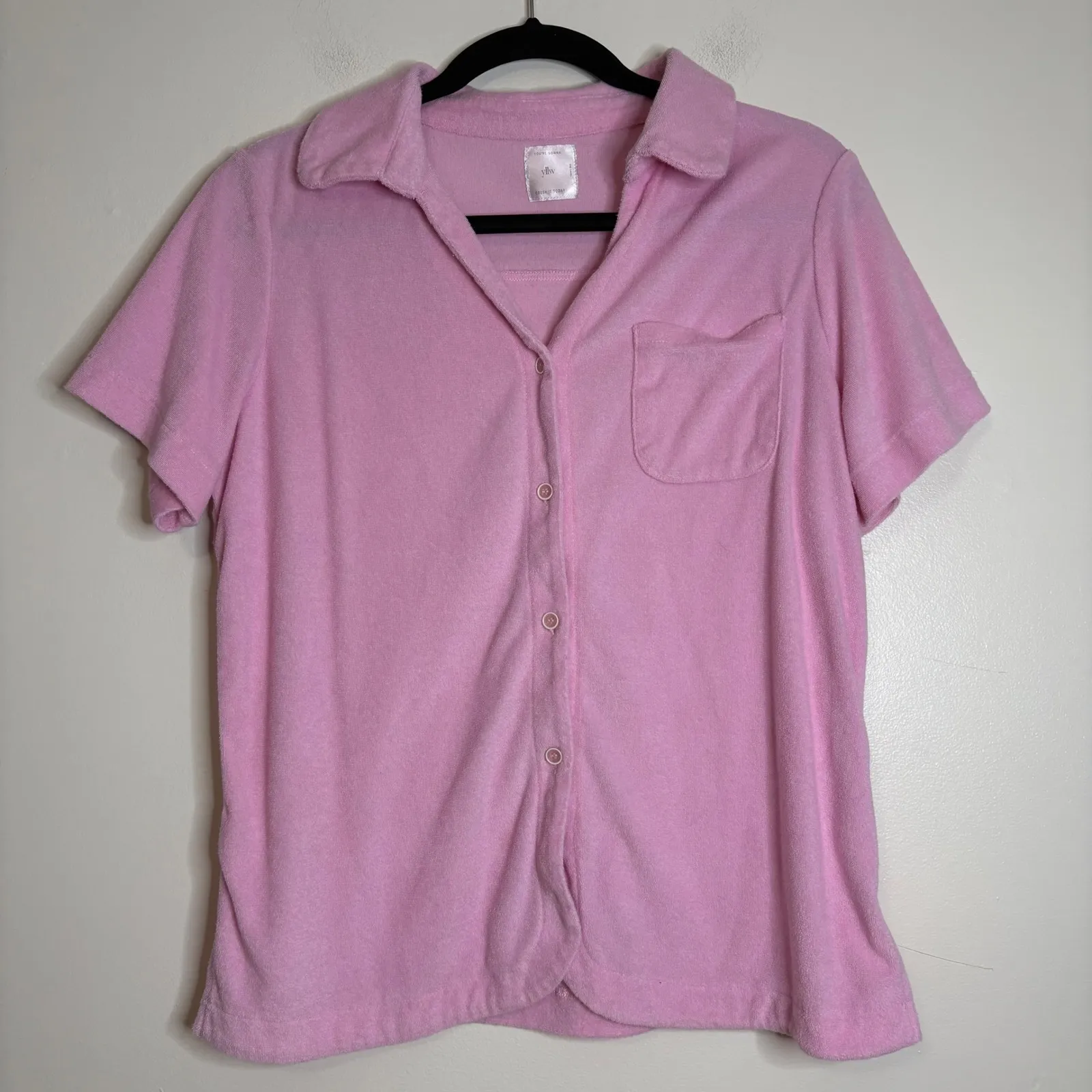 YLLW Pink Terry Cloth Lounge Set Shirt Shorts Size M Size M - Image 2