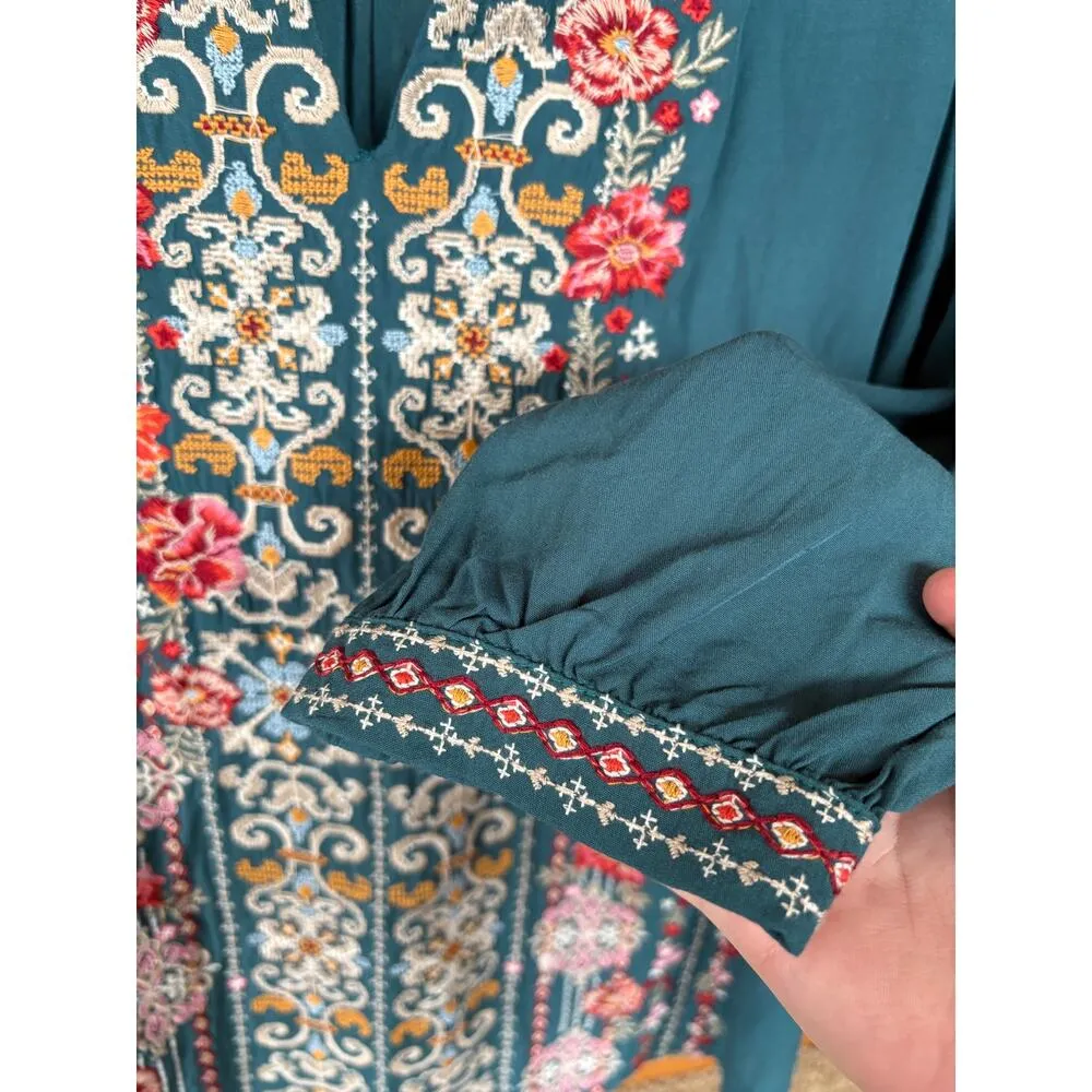 Savanna Jane Anthropologie Embroidered Grandma Floral Top Cross Stitch Small Blue - Image 2