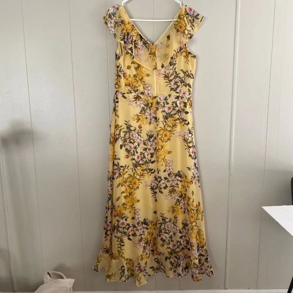 London Times Yellow Floral Midi Dress Size 12 V-Neck Ruffle Hem Spring Wedding G - Image 2