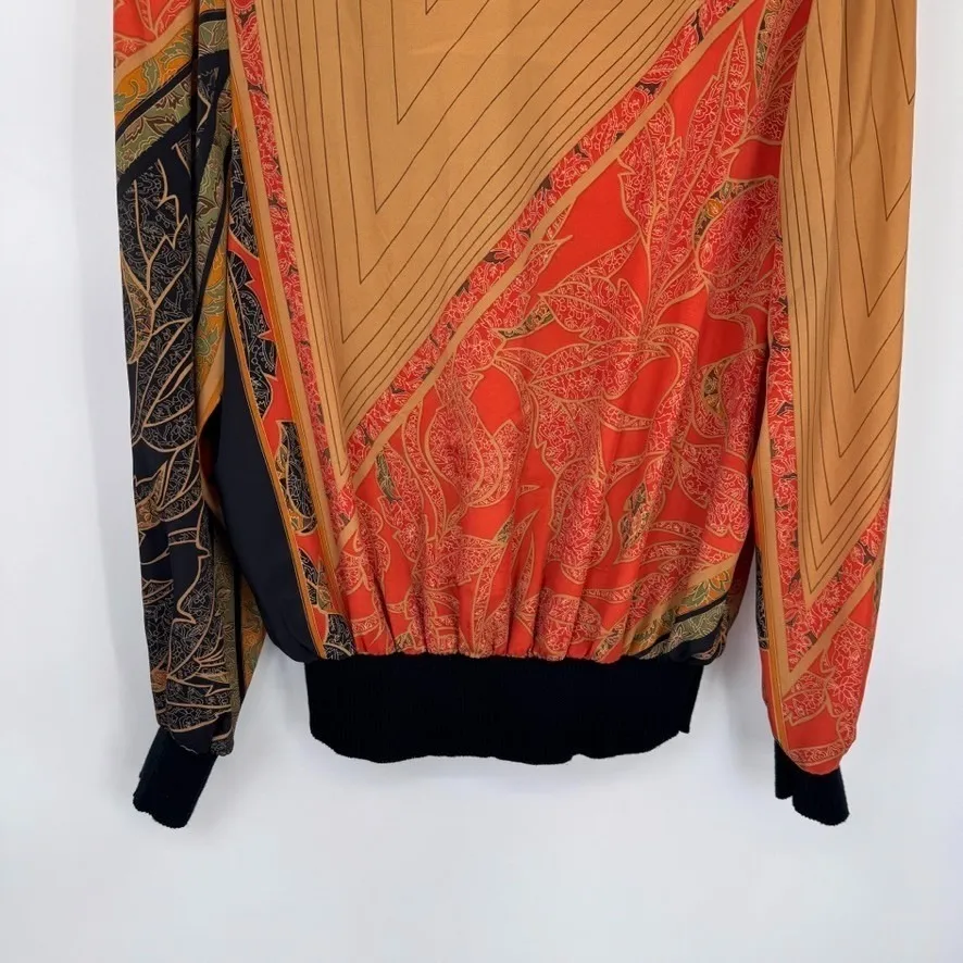 Vintage La Phia Collections Button Front Top Large Orange Polyester Asian Print - Image 8