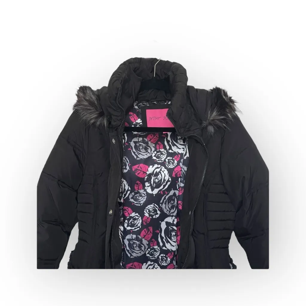 Betsey Johnson 𒀭 Faux Fur Quilted Puffer Mid Length Ski Parka Jacket 𒀭 Black S - Image 9