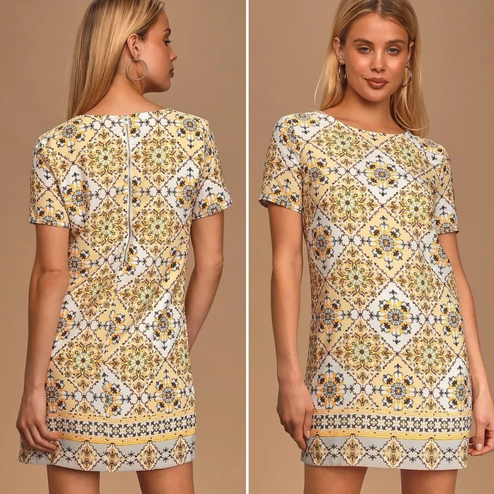 Lulus Dandy Lion Yellow White Tile Print Mini Shift Dress Women’s Size Medium - Image 8
