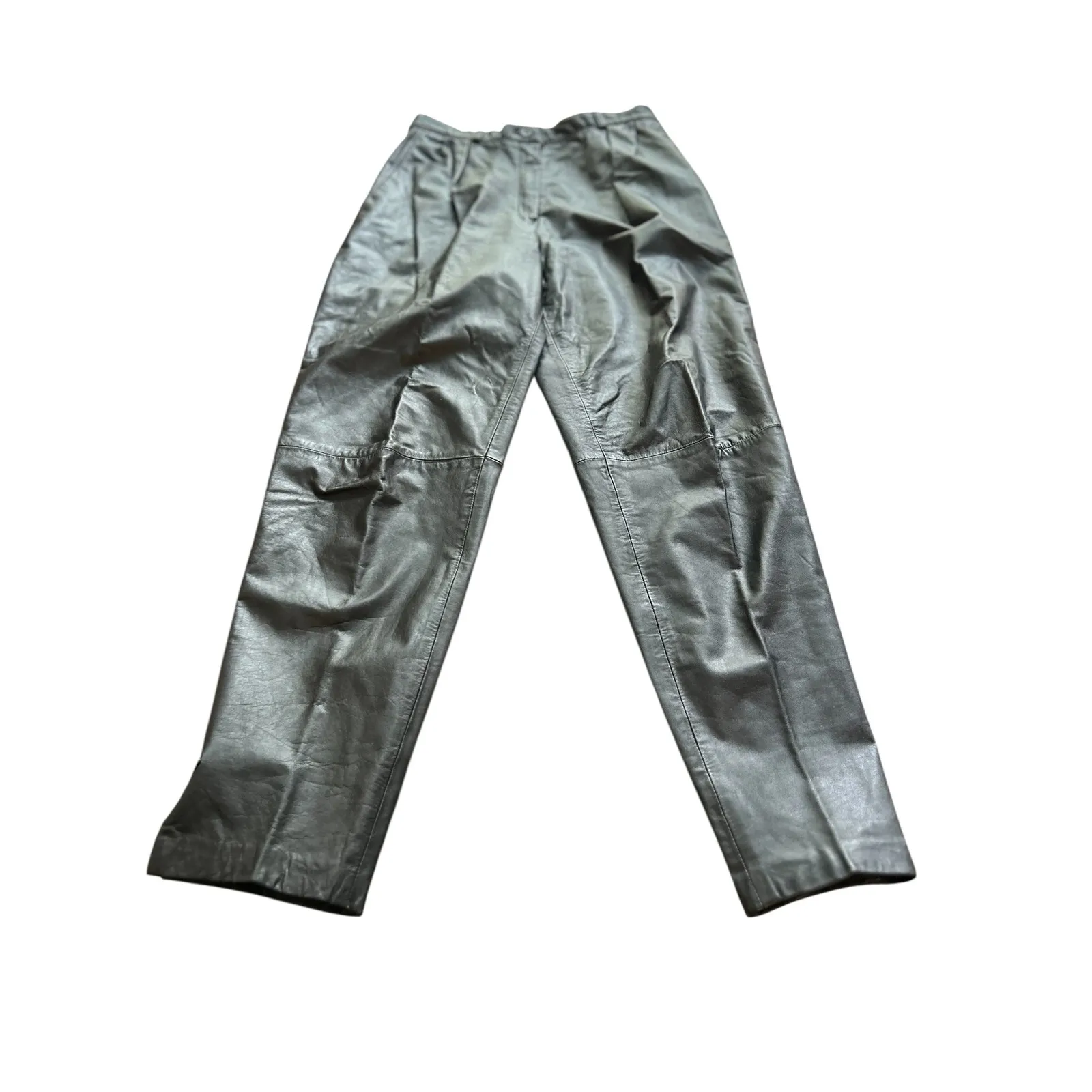 Carlan vintage Leather Pants Womens Silver‎ black Relaxed Fit Button Detail Gray Size 10 - Image 2
