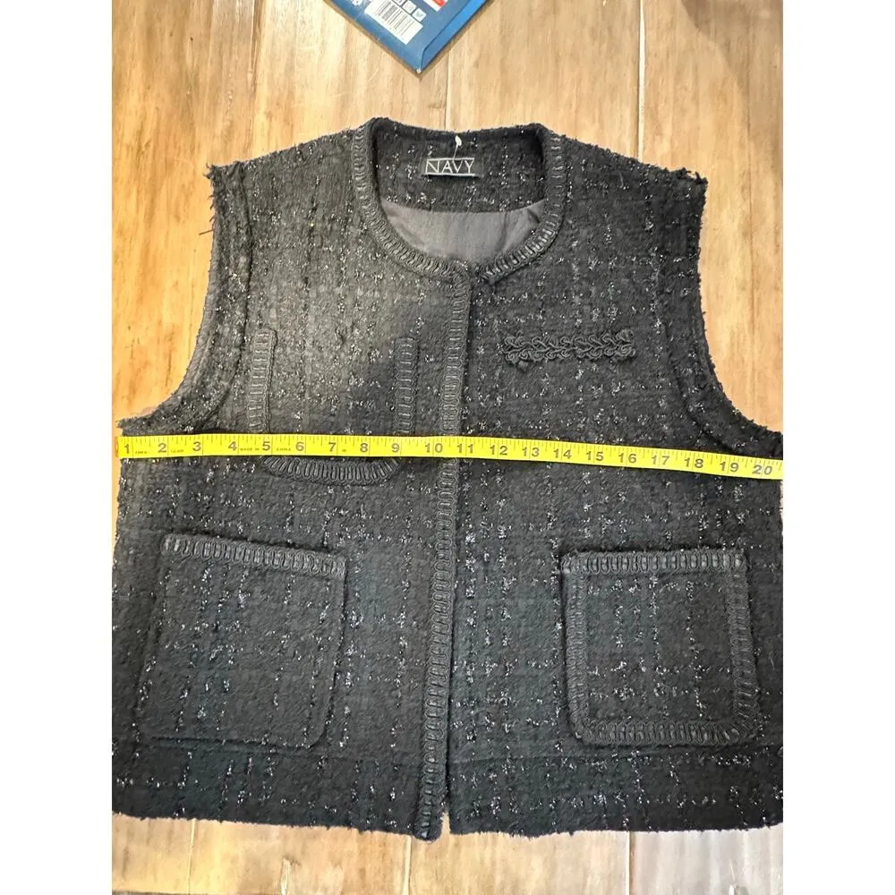 Vintage Womens Tweed Vest Black Parisian Chic Classic Glam Boxy SIZE M/L Size M - Image 5