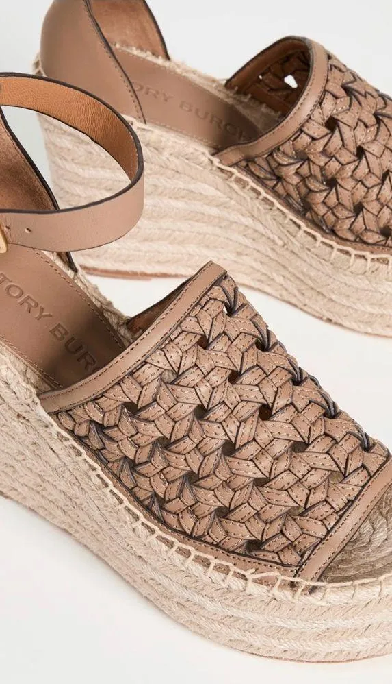 Tory Burch Basketweave Espadrille Ankle Strap Wedges Leather Size 10M New in Box - Image 4