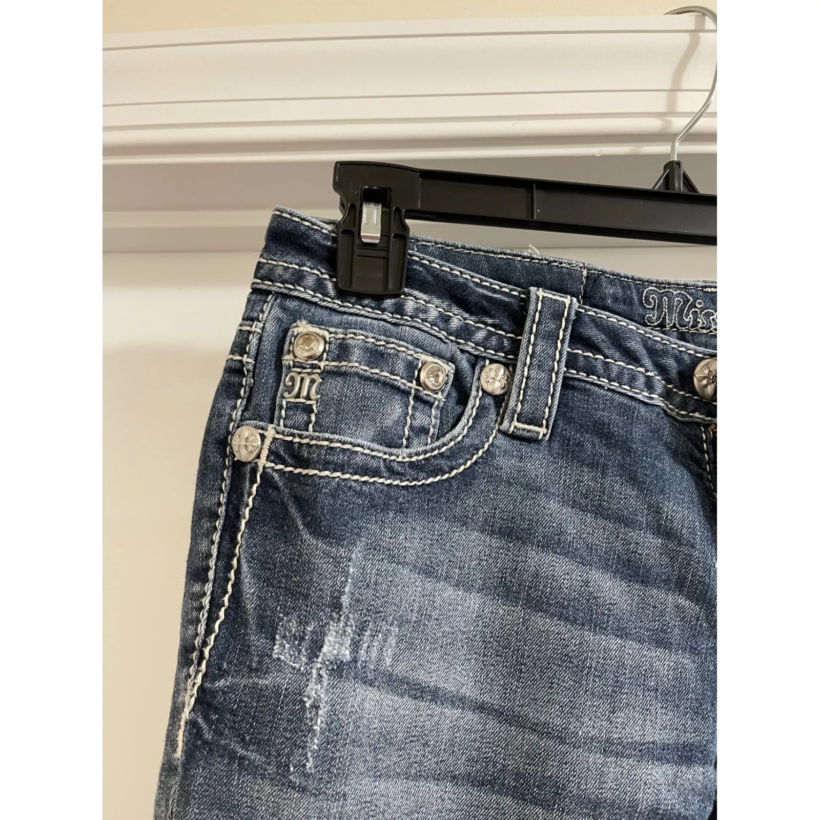 Miss Me Jeans Womens Size 29 Distressed Embellished Pocket Blue Denim Skinny - Image 4