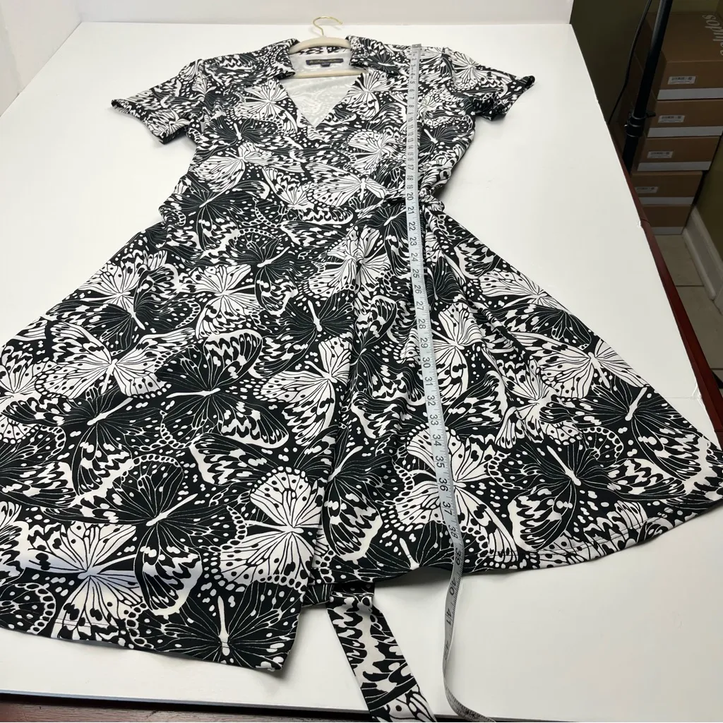 Brooks Brothers Knit Jersey Butterfly Print Wrap Dress Black White Collar Large - Image 10
