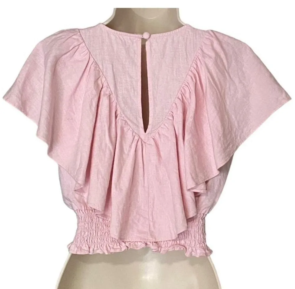 OPEN EDIT Pink Lotus Ruffle Linen Blend Keyhole Crop Top ~ Women's Size XS - Image 4