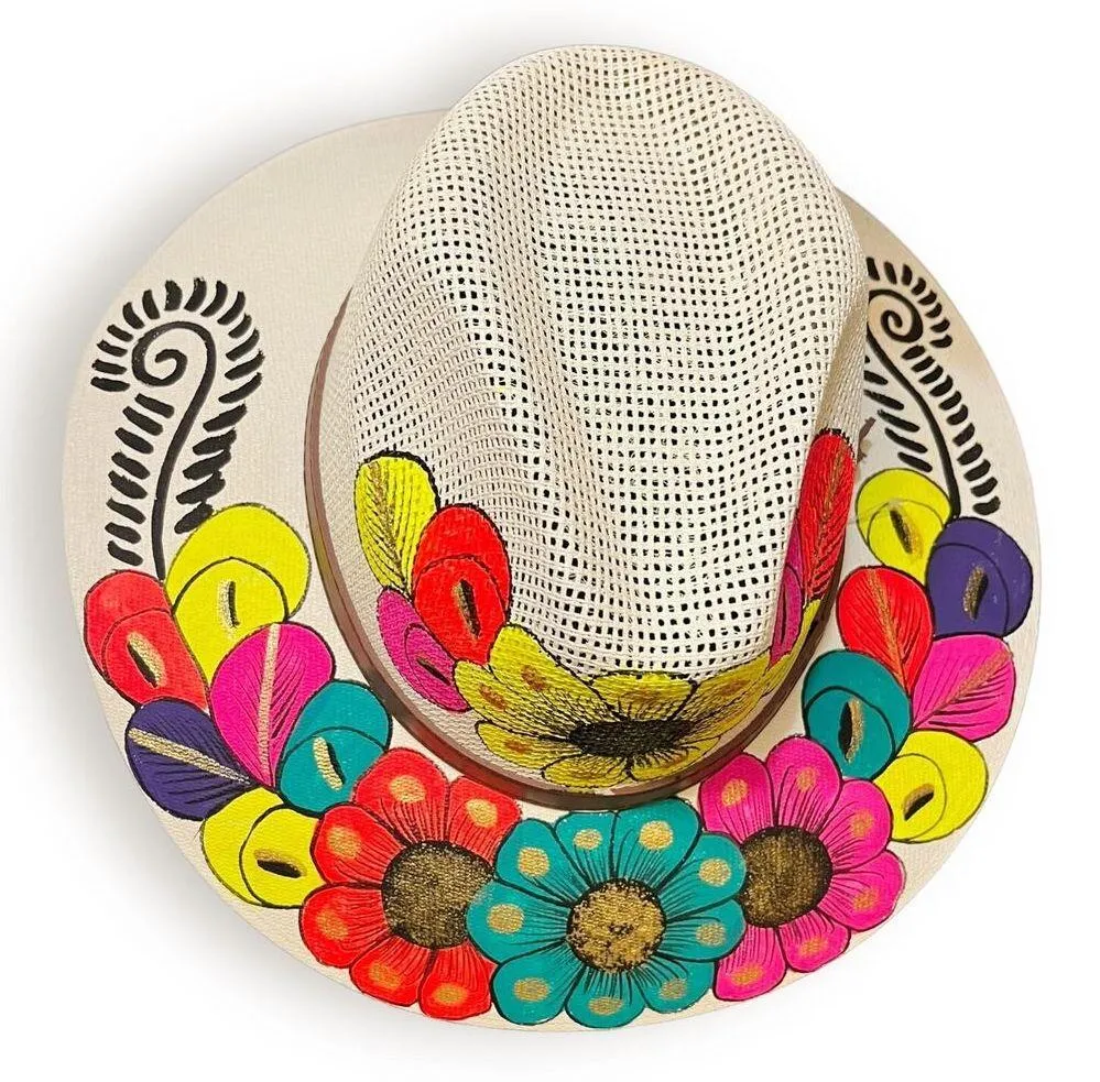 HAT MEXICAN Artisanal Hand Painted Fedora Floral Sombrero Panama Bohemian Ivory - Image 10