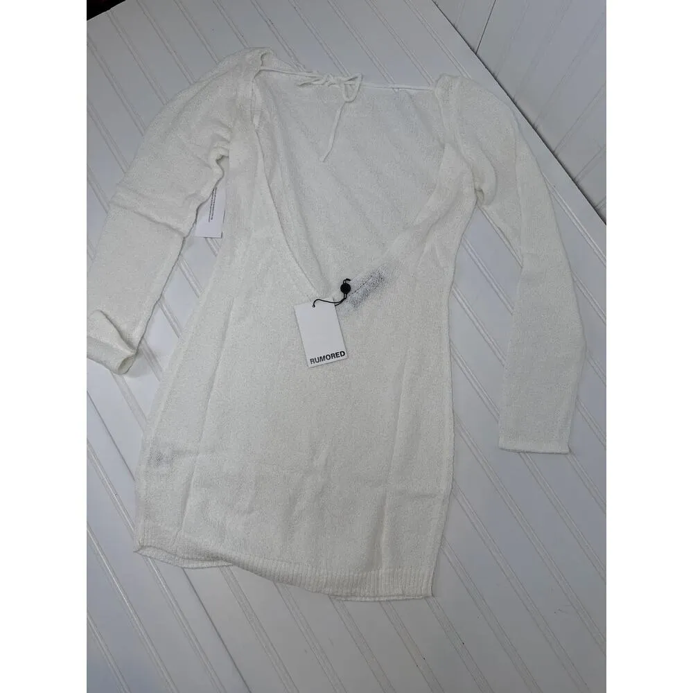 NWT Rumored Sweet Talker Mini Dress Slub White Cozy Open Back Short Party Size L Size L - Image 4