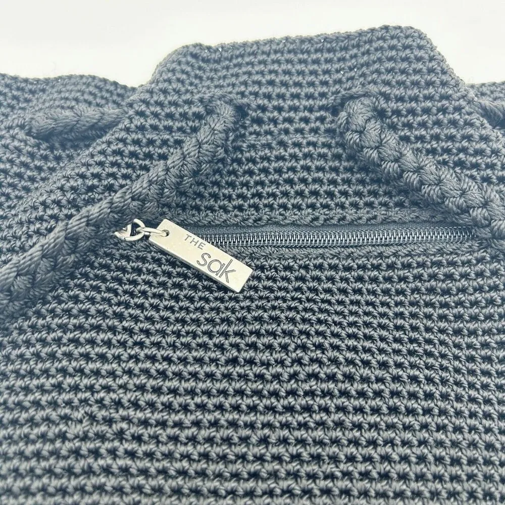 The Sak Black Hobo Crochet Drawstring Backpack Bag Purse Vintage 11" x 14" - Image 5