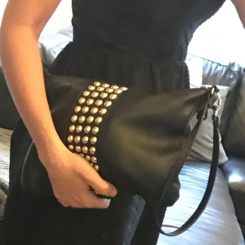 Audrey Brooke Studded Leather clutch shoulder bag black convertible wristlet - Image 3