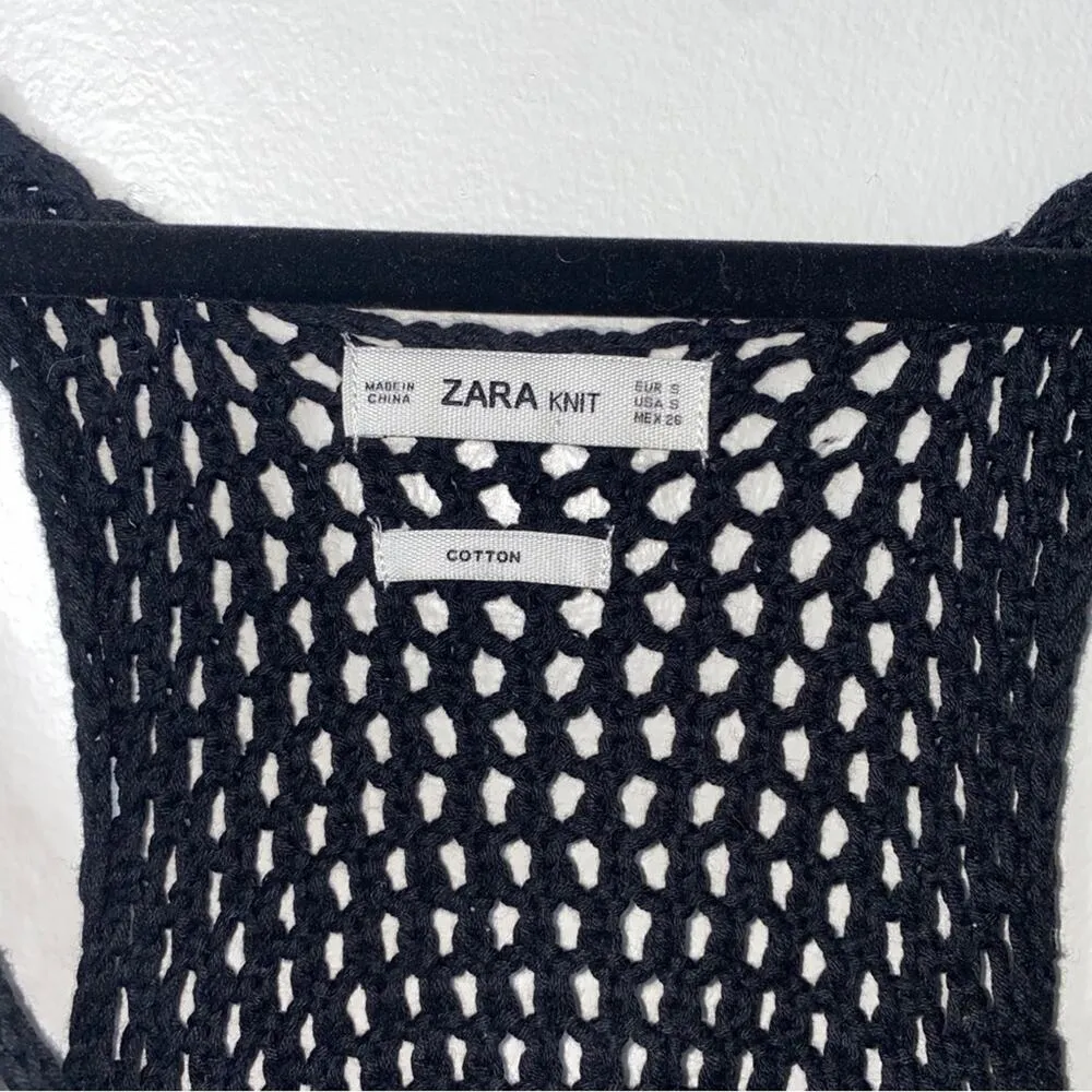 Zara Blue Black Loose Knit Crochet 100% Cotton Beachy Coastal Tank Top Small - Image 10