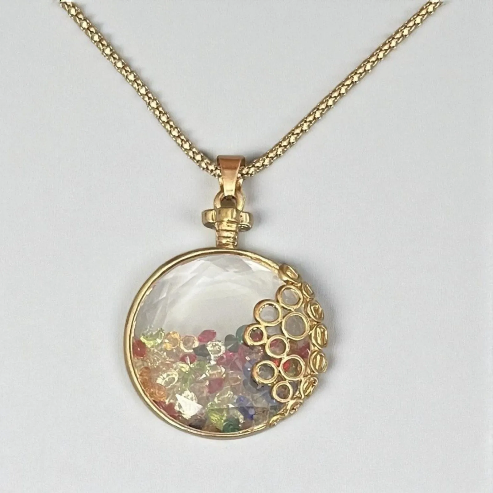 Vintage Gold Tone Multicolor Crystal Shaker Locket Bottle Pendant Necklace - Image 7