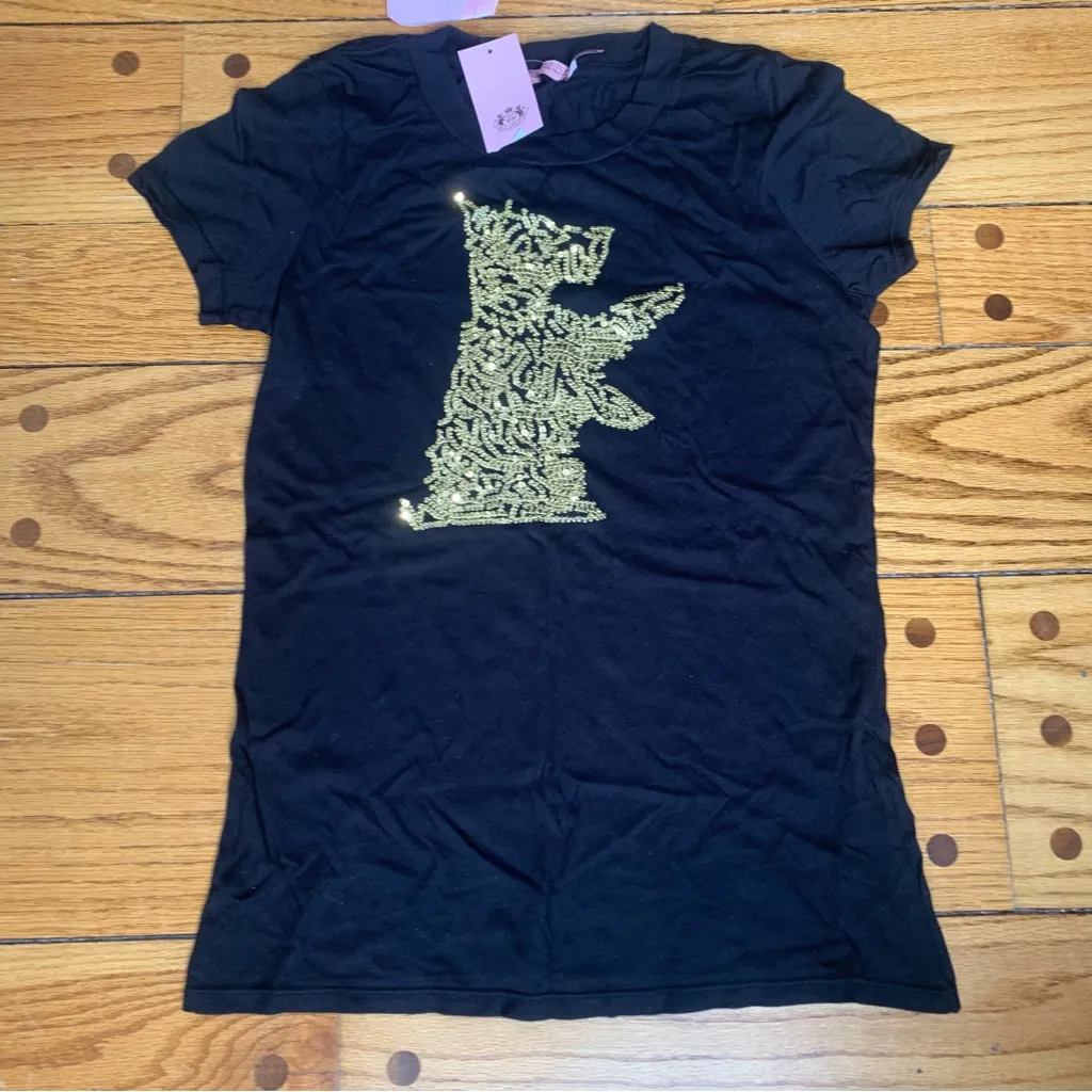 Juicy Couture Pam Gela Gold Sequin Scottie Dog Logo T-Shirt Black Women’s Large - Image 2