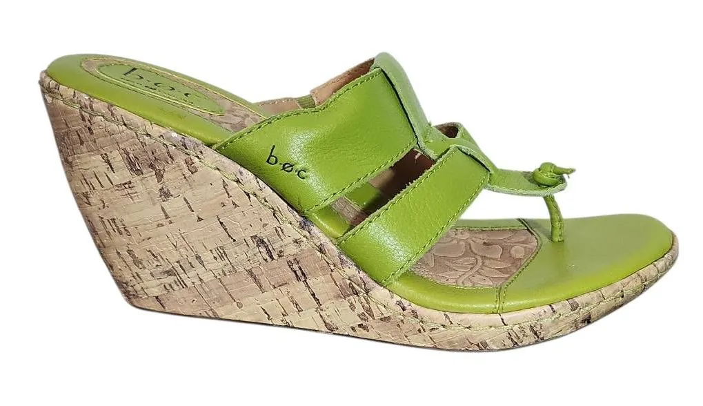 b.o.c. Green Leather Cork Sole Wedge Sandals Size 9 Green Leather Wedges - Image 1
