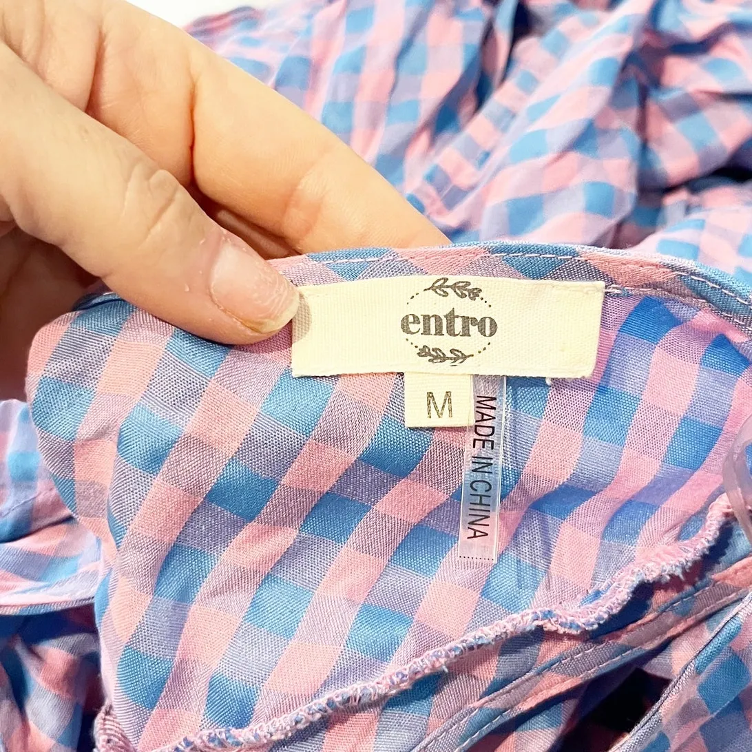 Entro Gingham Print Flutter Sleeve Square Neck Maxi Dress Purple Pink Medium - Image 3