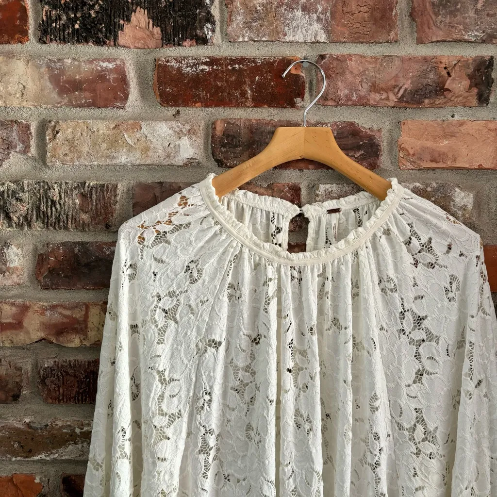 Free People White Lace Olivia Long Sleeve Blouse Shirt Top, M - Image 4