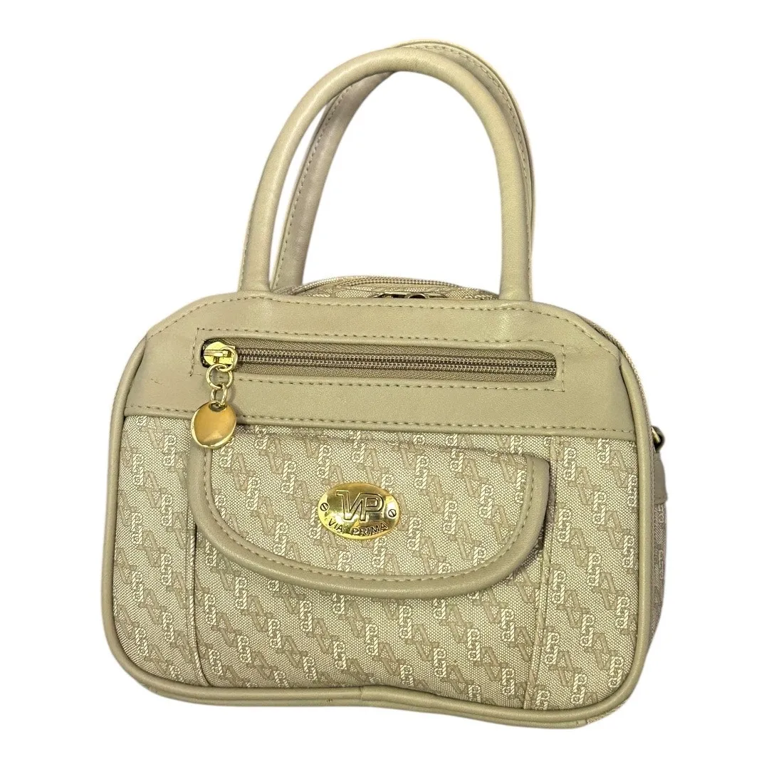 Via Prima Small structured Top Handle Handbag Neutral beige brown gold hardware - Image 10