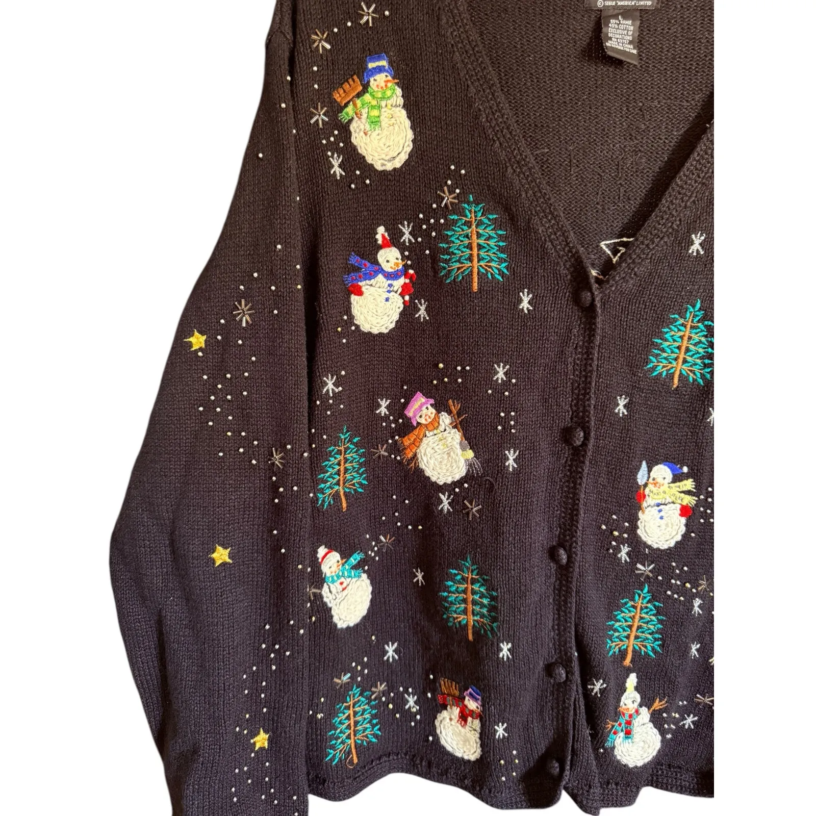 Vtg Designers Studio Ho Ho Ho Embellished Snowman Christmas Sweater Size Large Black - Image 2