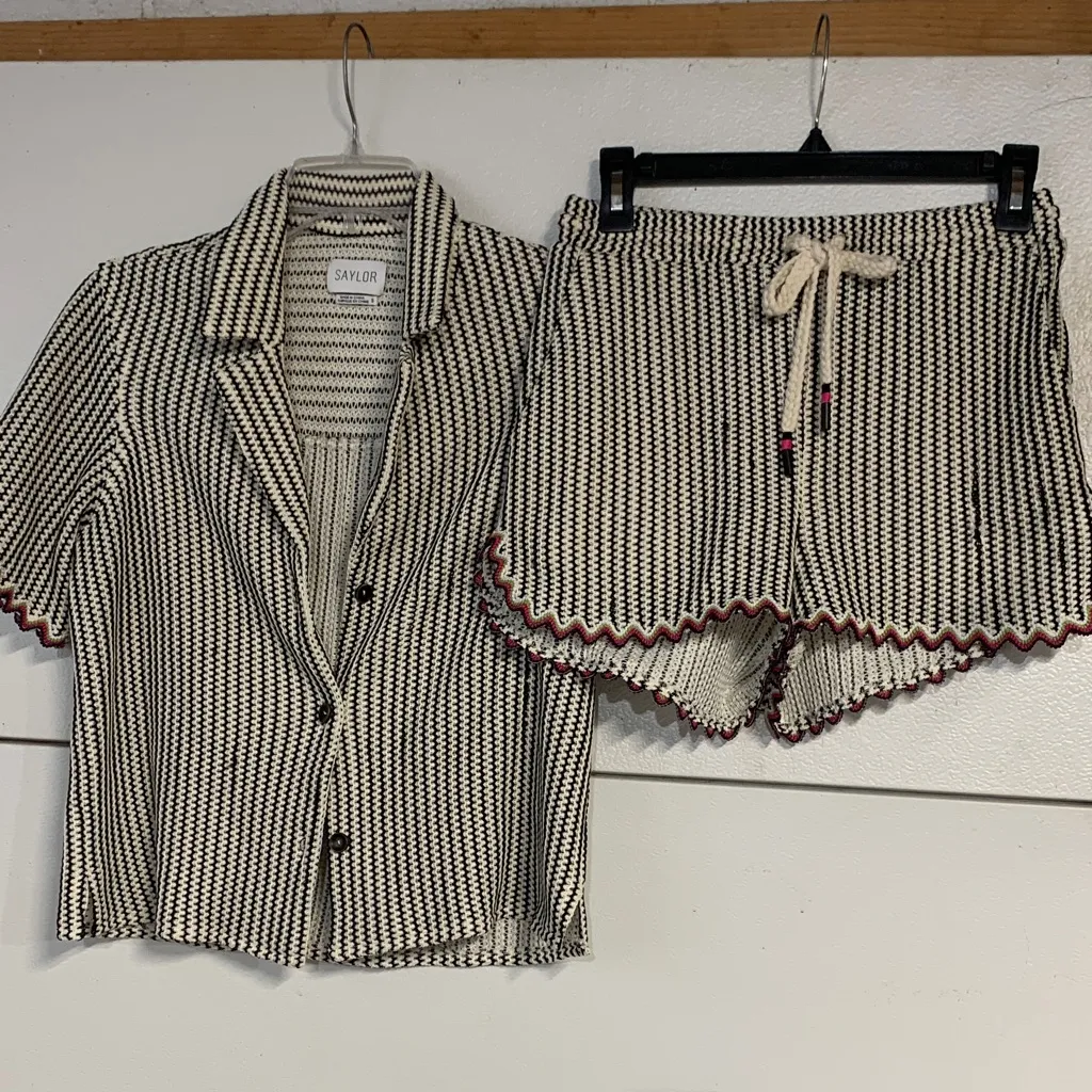 SAYLOR VERNA STRIPE CROCHET KNIT SHORT SET BLACK WHITE SMALL - Image 3