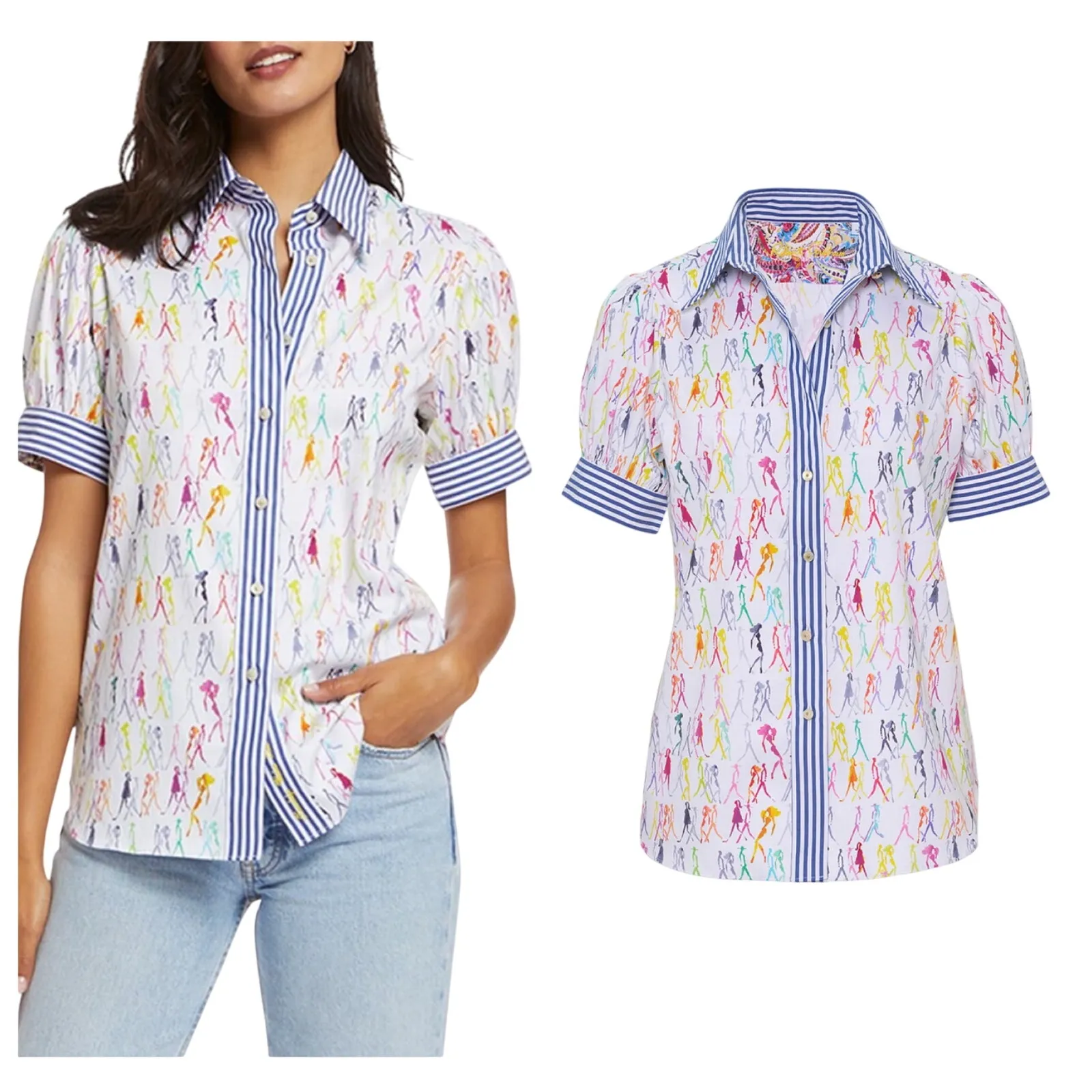 Robert Graham Blouse White Cotton Short Puff Sleeve Button Front Top - Image 2