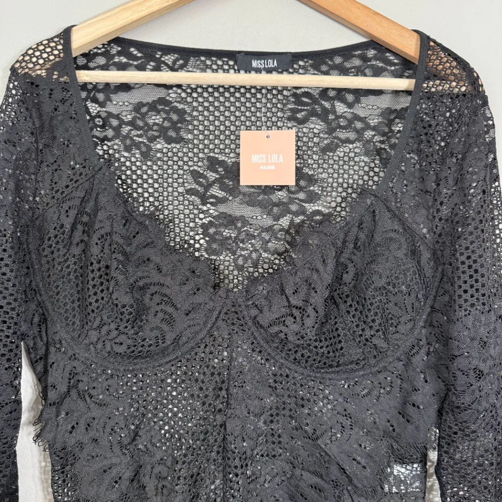 Miss Lola Long Sleeve Lace Sheer Bodysuit Women's 2XL Black Underwire Party NWT - Image 5