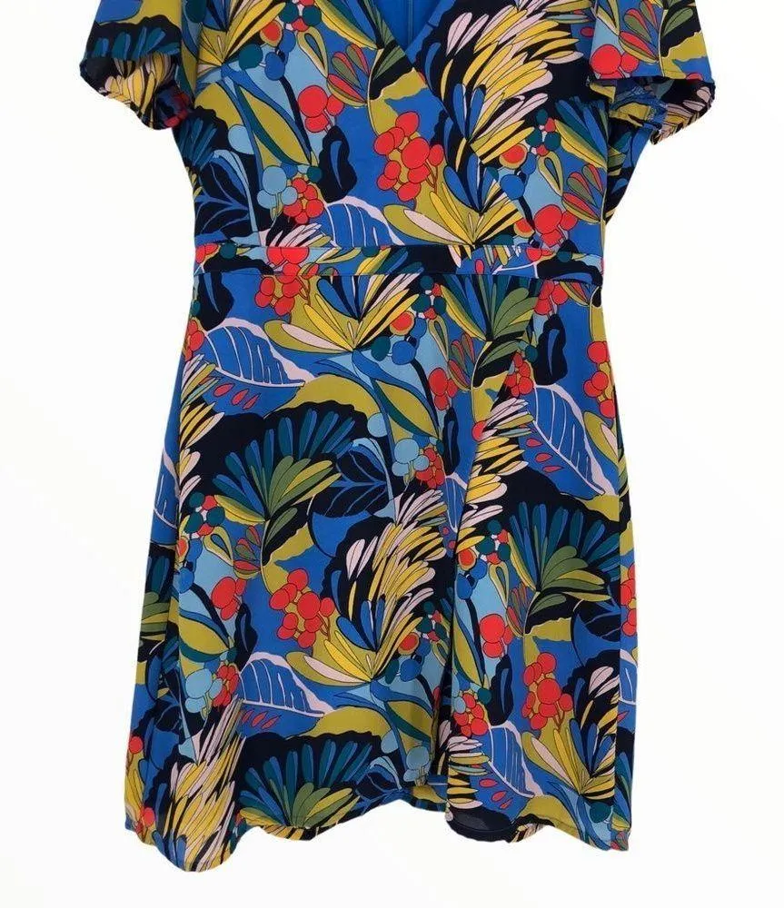 J. Crew Blue Floral Tropical Paradise Floral Short Sleeve Faux Wrap Dress sz 10 - Image 7